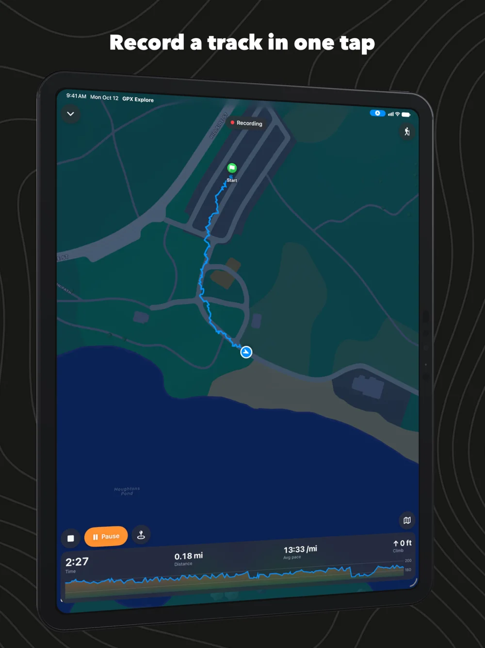 Recording a walk on iPad: the track so far on the map, with the time, distance, pace and climb
