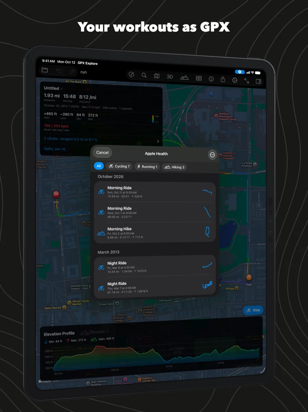 Apple Health workouts in GPX Explore on iPad, by month