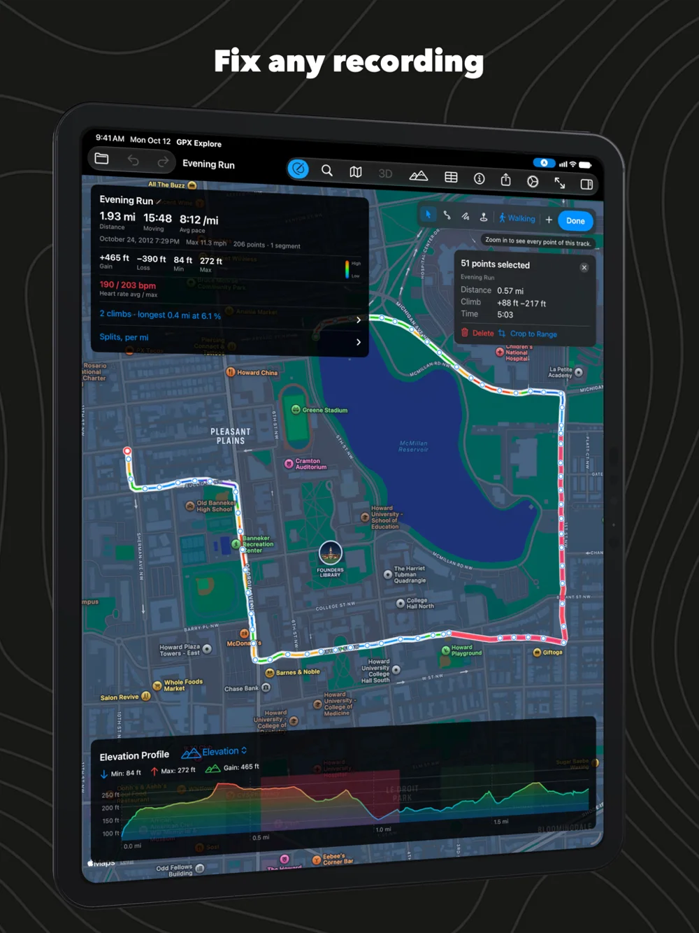 Fixing a recording on iPad, a stretch selected on the map and the chart