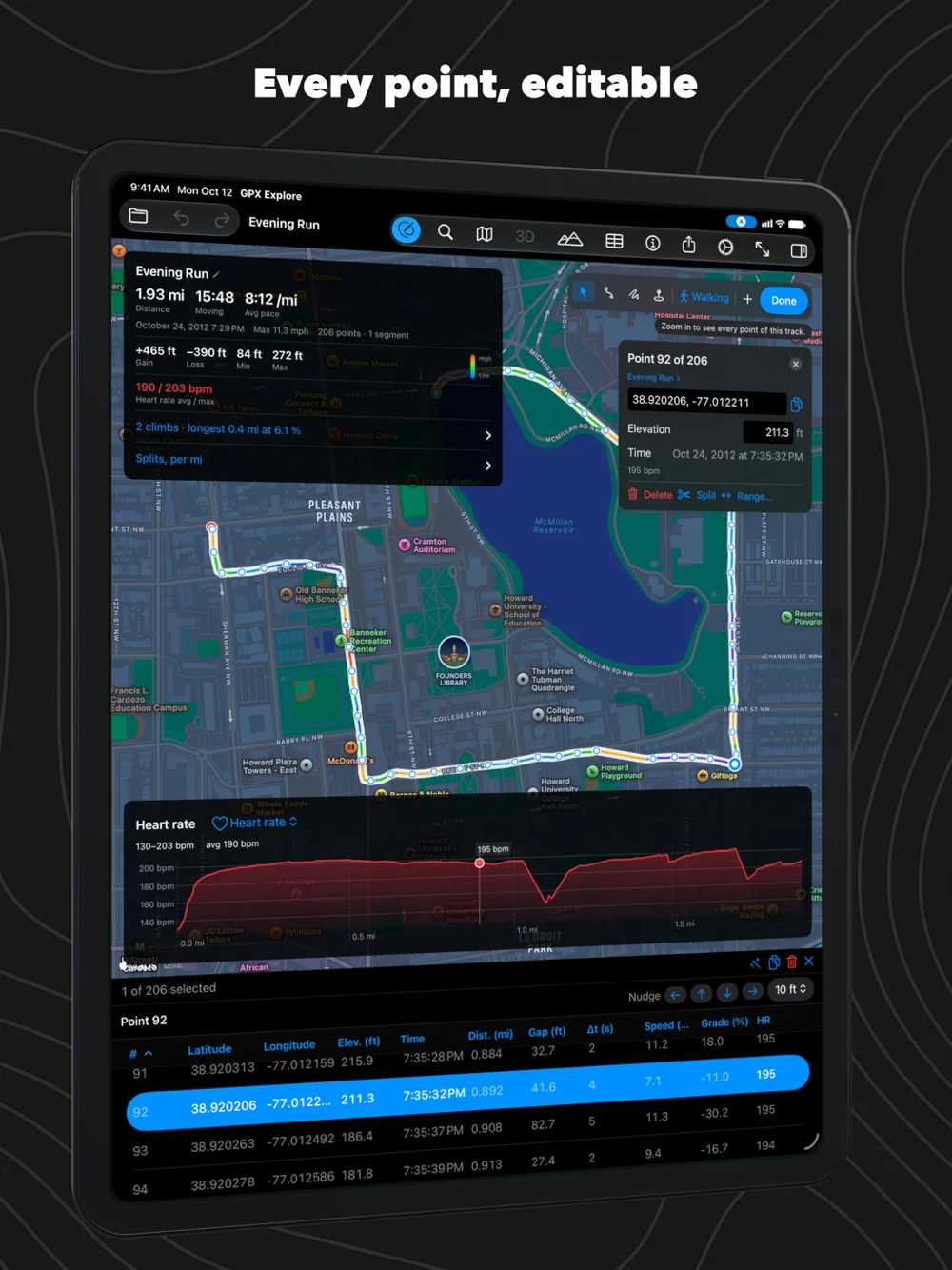 Every point in a table on iPad, under the map and the heart-rate chart