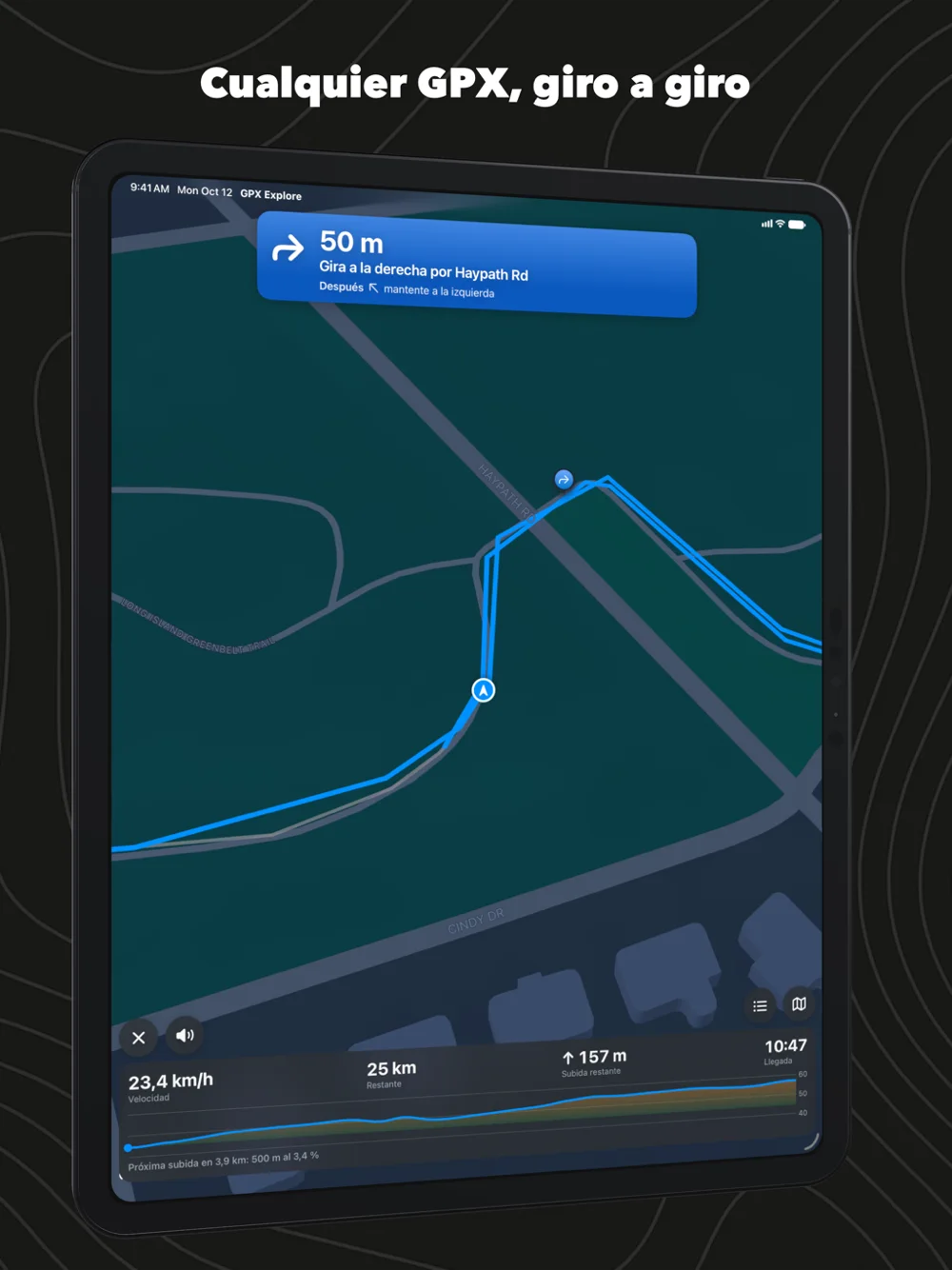 GPX Explore siguiendo una ruta en el iPad: el aviso del giro con el nombre de la calle y, abajo, los números de la salida