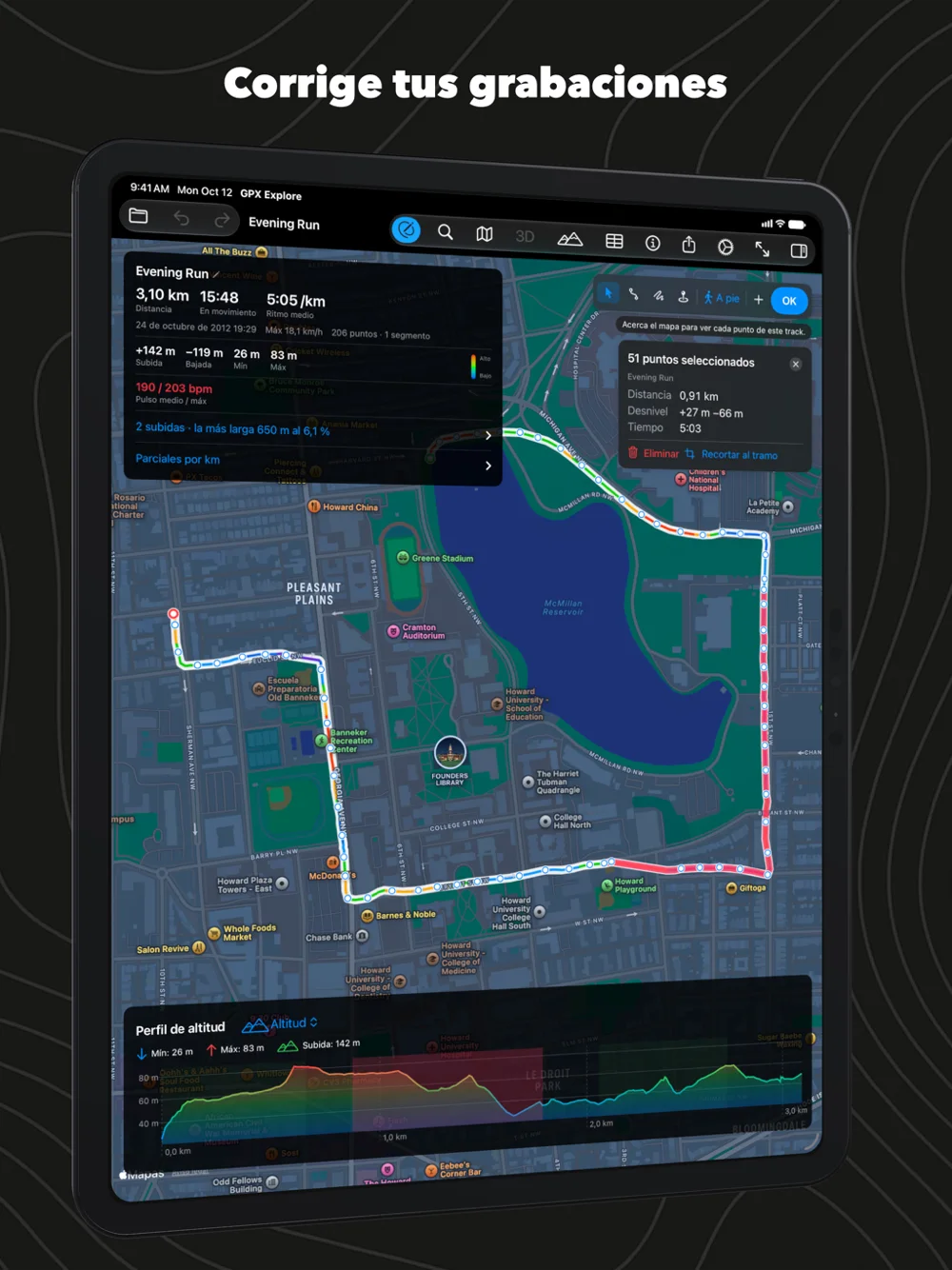 Corrigiendo una grabación en el iPad: un tramo seleccionado en el mapa y en la gráfica