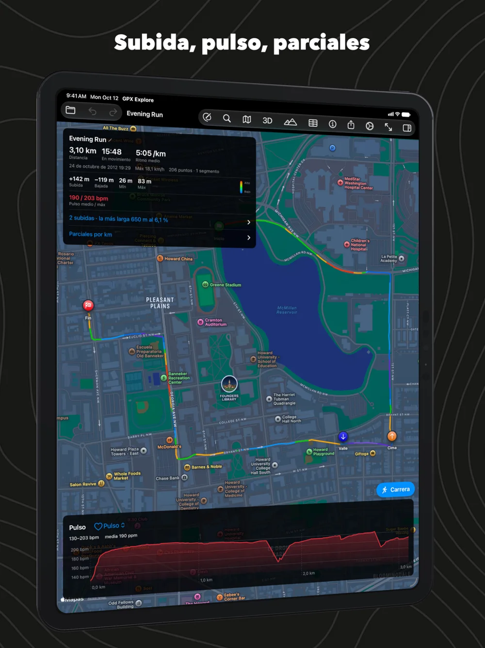 Una carrera en el iPad con el pulso en la gráfica bajo el mapa