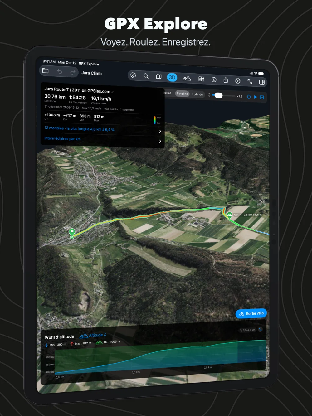 Une sortie en 3D sur iPad sur les images satellite, ses montées marquées sur les collines et le profil d’altitude en dessous
