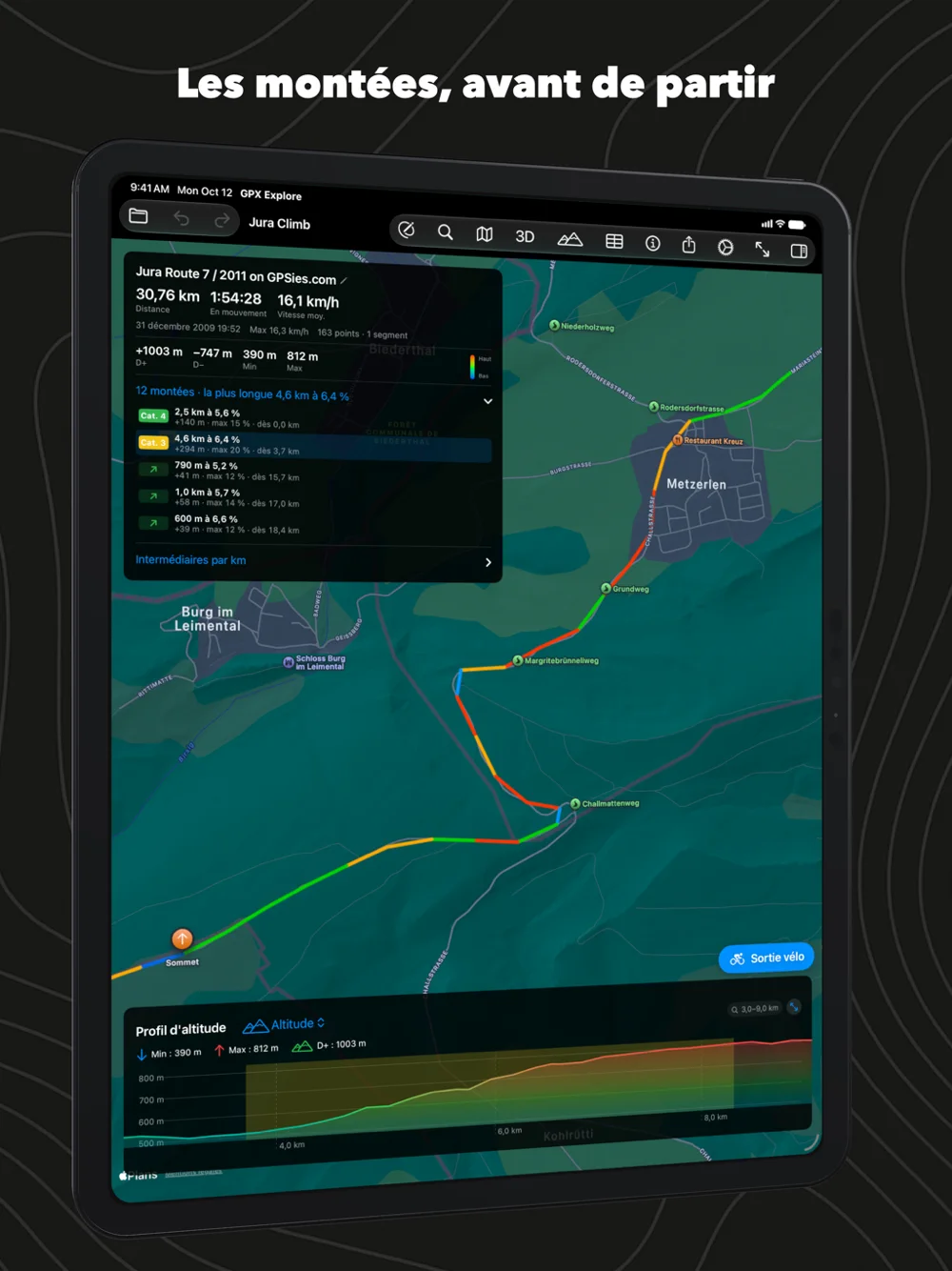 La fiche sur iPad avec chaque montée listée et ombrée sur le profil d’altitude