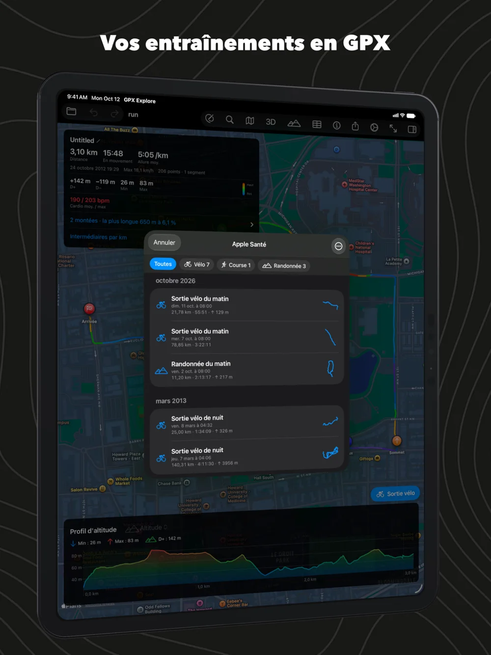 Les entraînements d’Apple Santé dans GPX Explore sur iPad, par mois