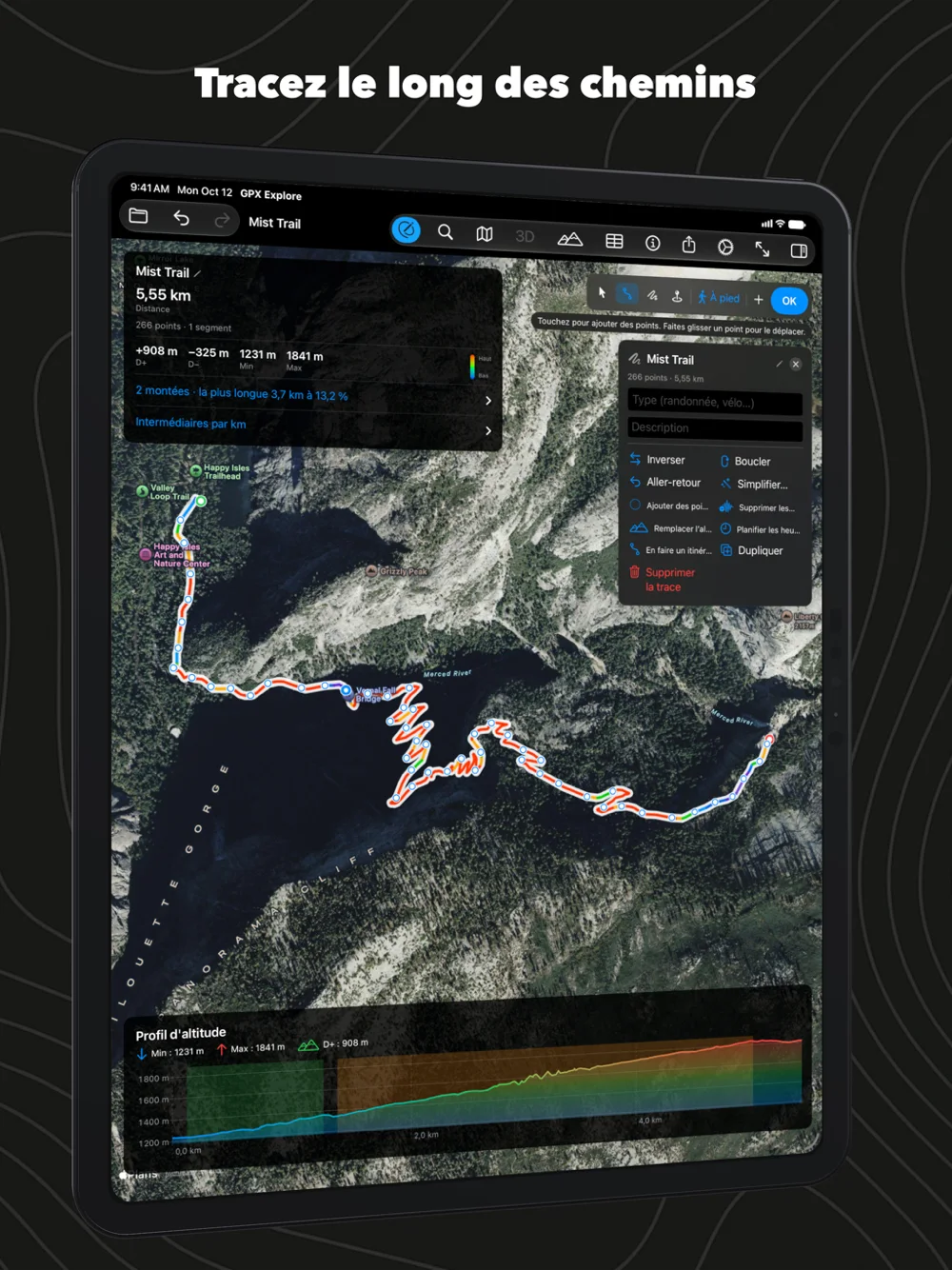 Le Mist Trail dessiné sur iPad, avec le panneau de modification à côté de la carte