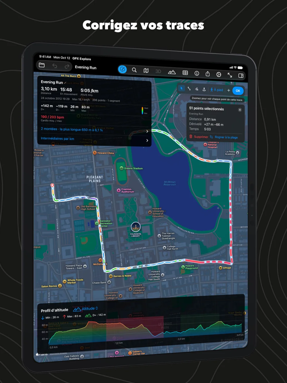Corriger un enregistrement sur iPad : un passage sélectionné sur la carte et sur le graphique