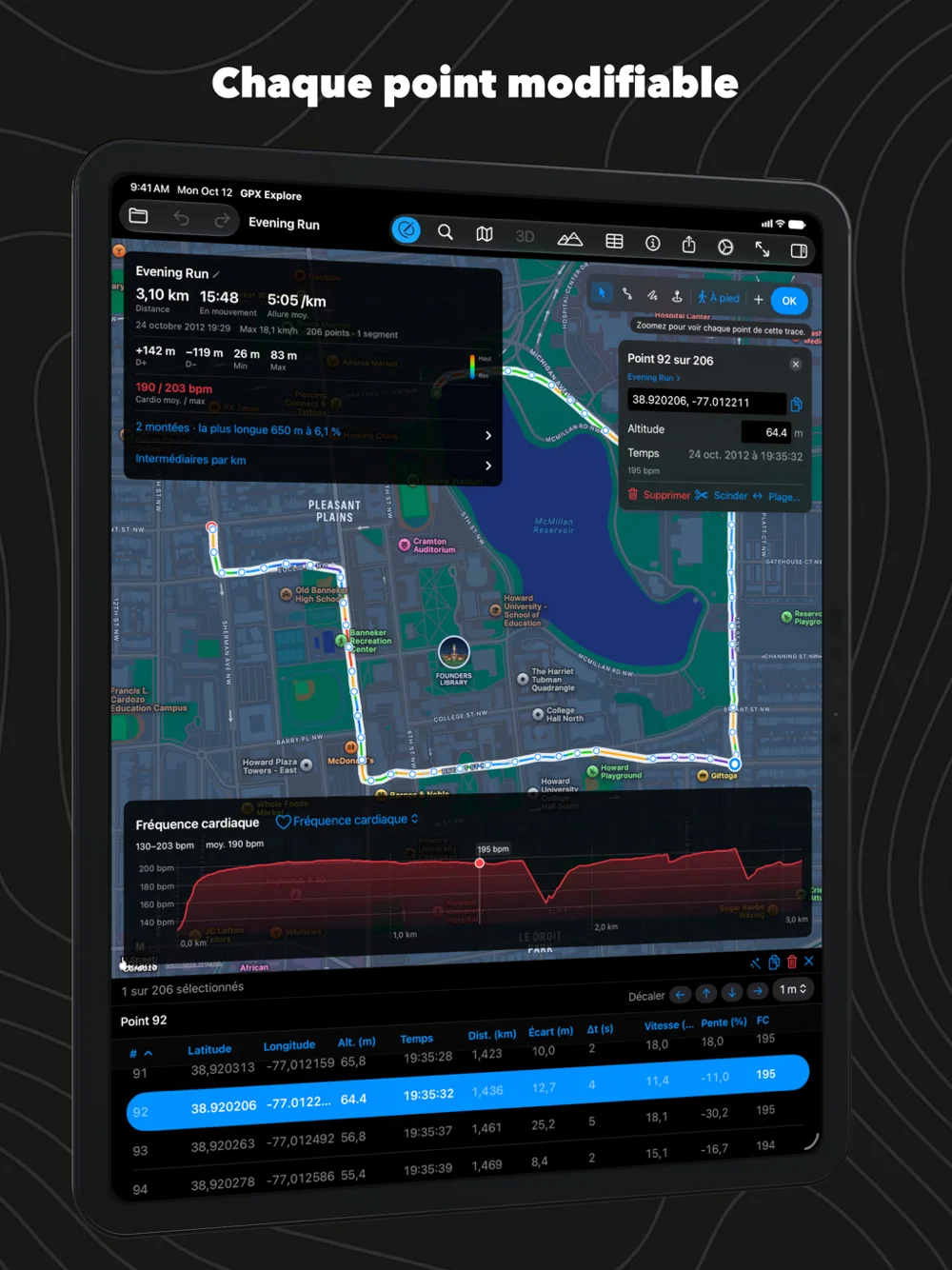 Chaque point dans un tableau sous la carte sur iPad, avec son altitude, son heure, sa pente et sa fréquence cardiaque