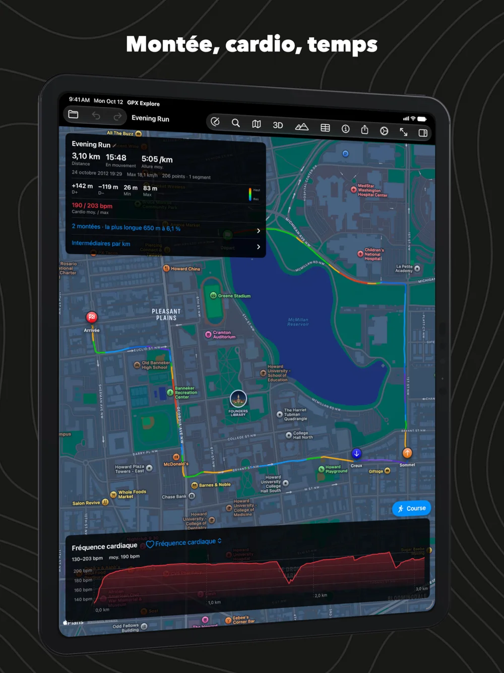 Une course sur iPad, la fréquence cardiaque tracée sous la carte