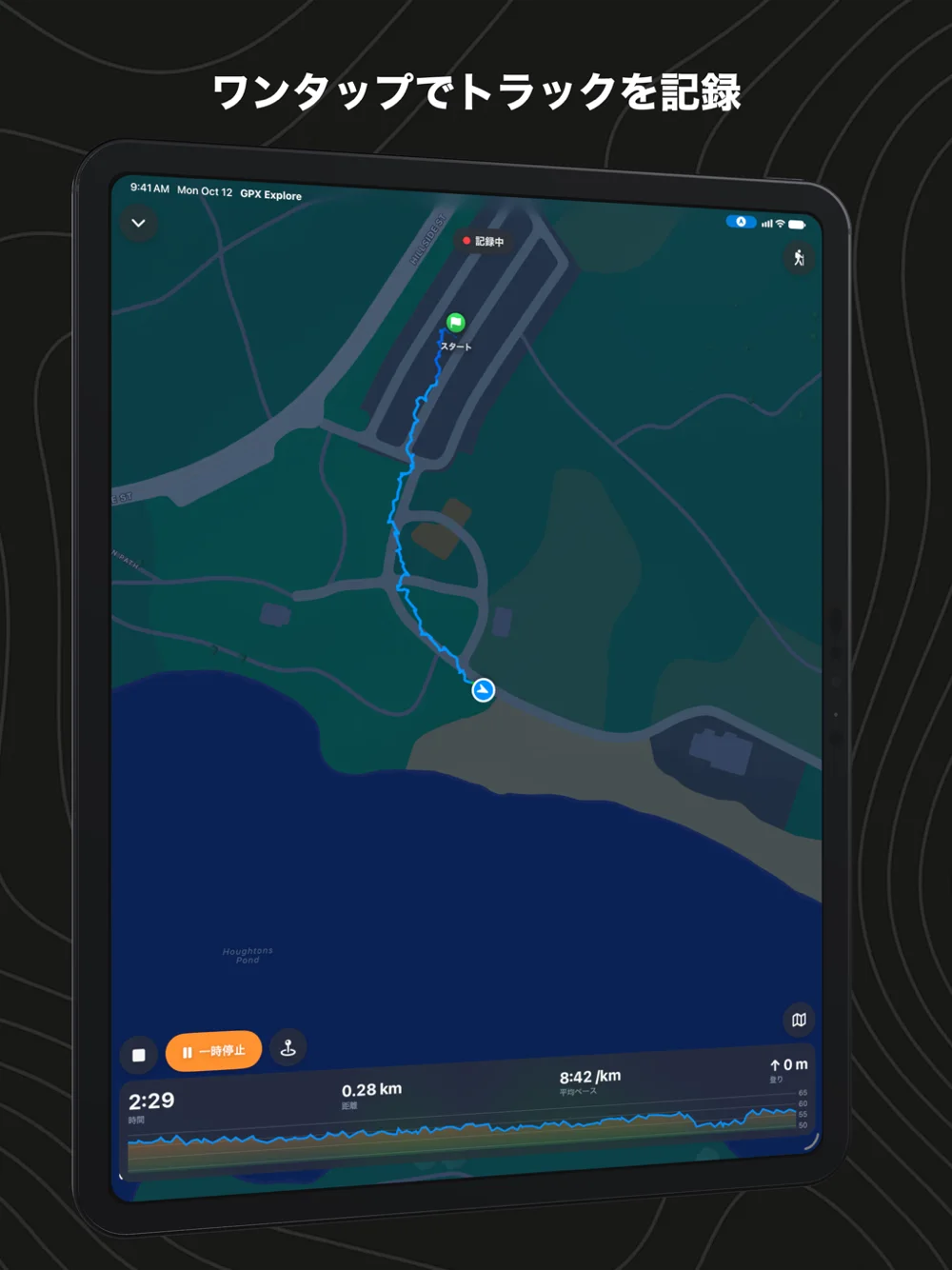 iPadでウォークを記録中。ここまでのトラックを地図に、時間、距離、ペース、獲得標高