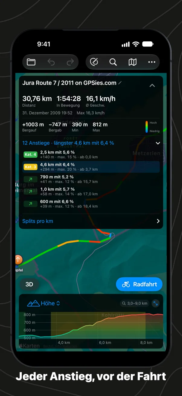 Die Routenkarte auf dem iPhone mit allen Anstiegen, der längste mit Kategorie 3, im Höhendiagramm hinterlegt