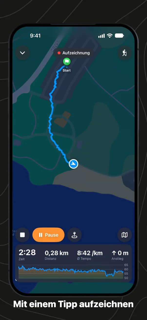 Ein Spaziergang wird auf dem iPhone aufgezeichnet: Die Karte folgt mit dem bisherigen Track in seinen Steigungsfarben, darüber Zeit, Strecke, Tempo und Anstieg mit dem Profil bis hierher und die Tasten zum Beenden, Pausieren und für einen Wegpunkt