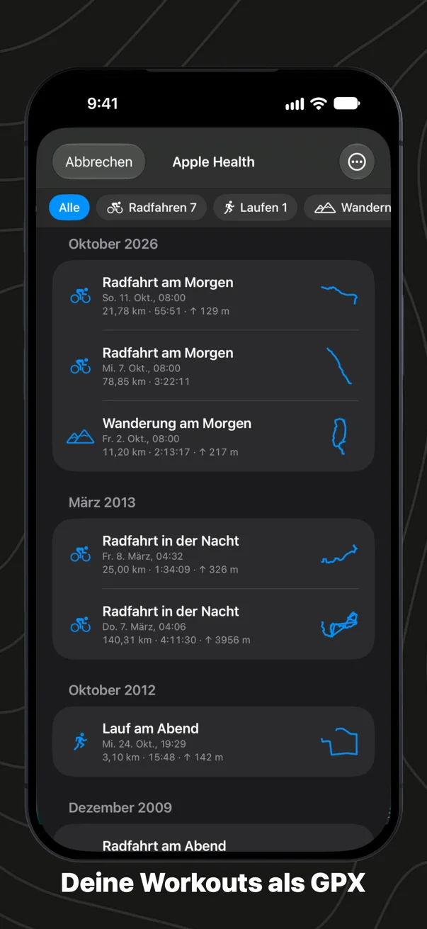 Workouts aus Apple Health in GPX Explore auf dem iPhone, nach Monat, mit dem Umriss jeder Route