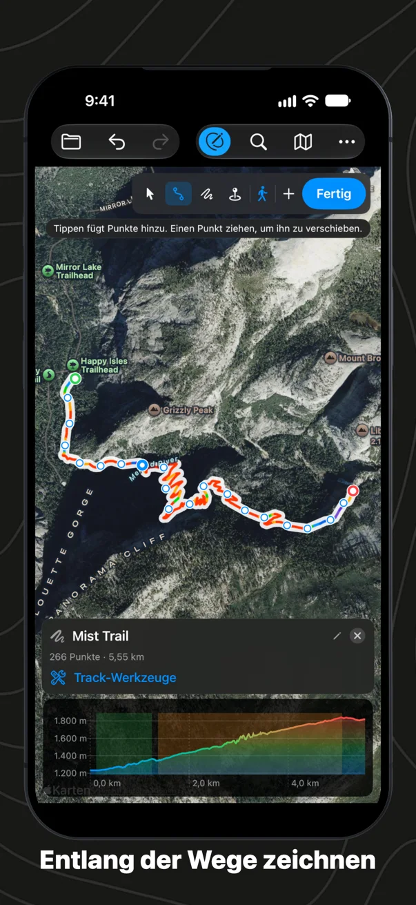 Auf dem iPhone den Mist Trail entlang gezeichnet, die Route folgt den Serpentinen