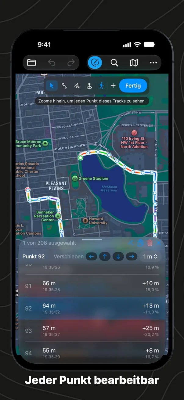 Jeder Punkt eines Laufs in einer Tabelle auf dem iPhone, mit Höhe, Uhrzeit, Abstand und Steigung