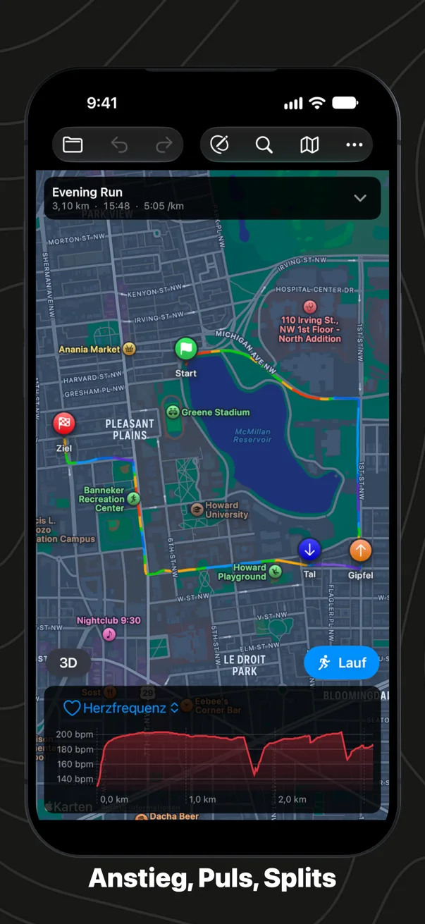 Ein Lauf auf dem iPhone mit der Herzfrequenz im Diagramm unter der Karte