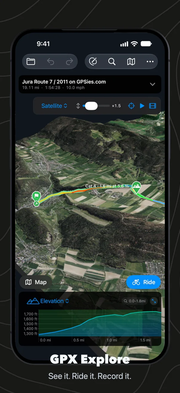 A ride in 3D on iPhone over Apple's satellite imagery: the track in its grade colors across the hills, a climb marked with its category at the top, and the elevation chart below