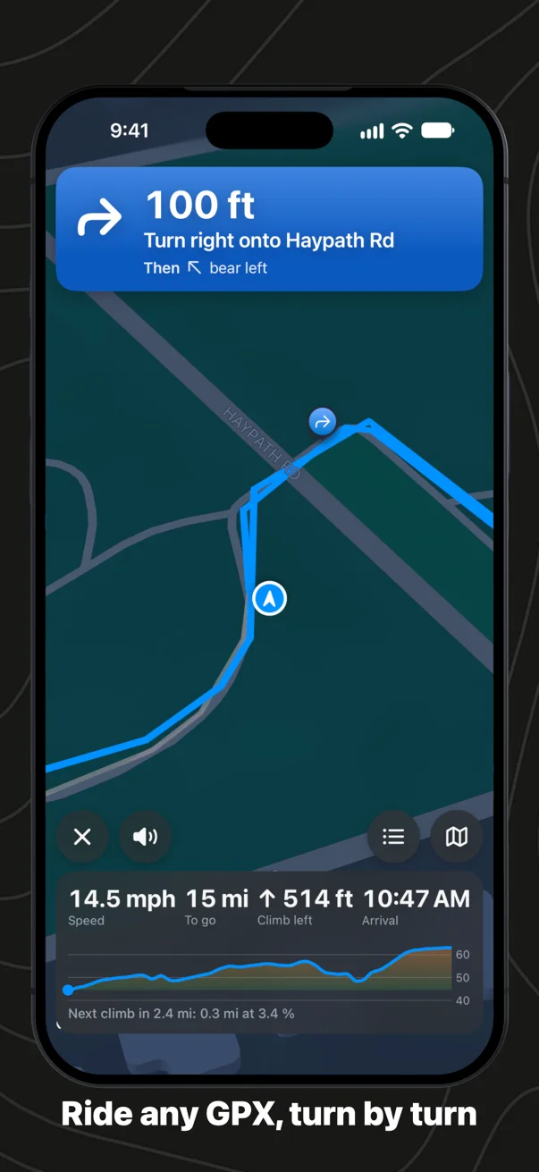 GPX Explore riding a route on iPhone: the next turn with its street name, the line on the road and the map turned to the way you are going