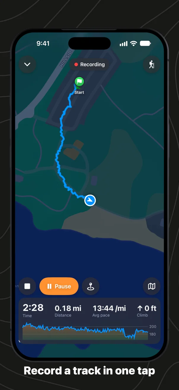 Recording a walk on iPhone: the map following along with the track so far in its grade colors, the time, distance, pace and climb over the profile so far, and the End, Pause and waypoint buttons