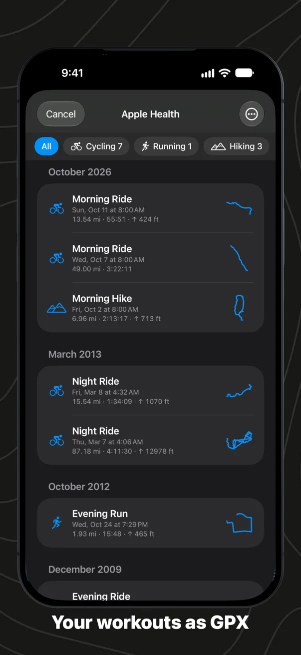 Apple Health workouts in GPX Explore on iPhone, by month, with the outline of each route