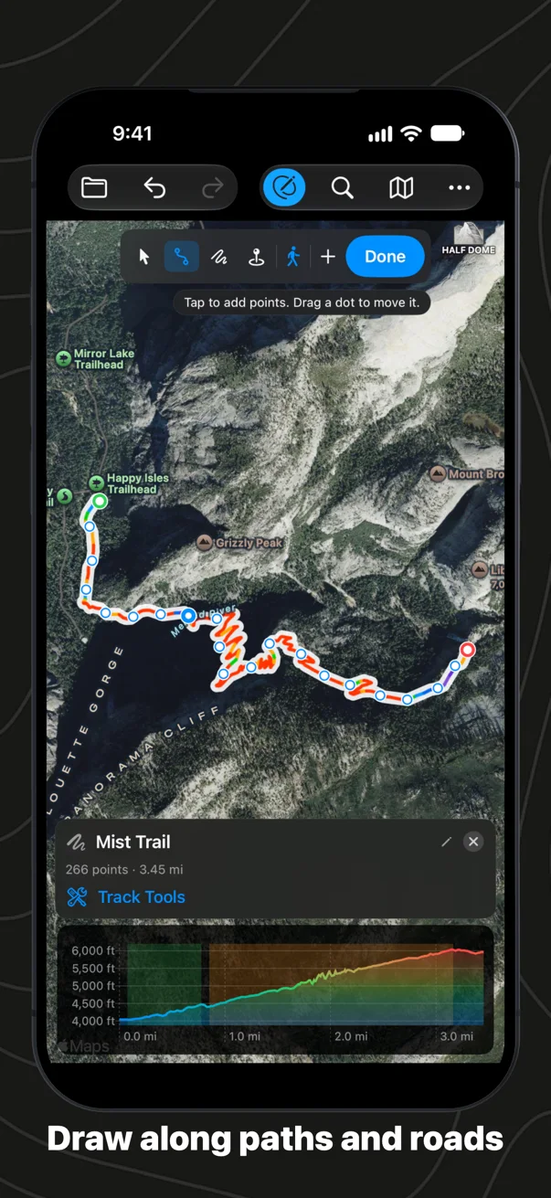 Drawing along the Mist Trail on iPhone, the route following the switchbacks