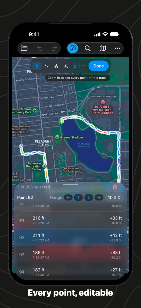 Every point of a run in a table on iPhone: height, time, the change from the point before and the grade
