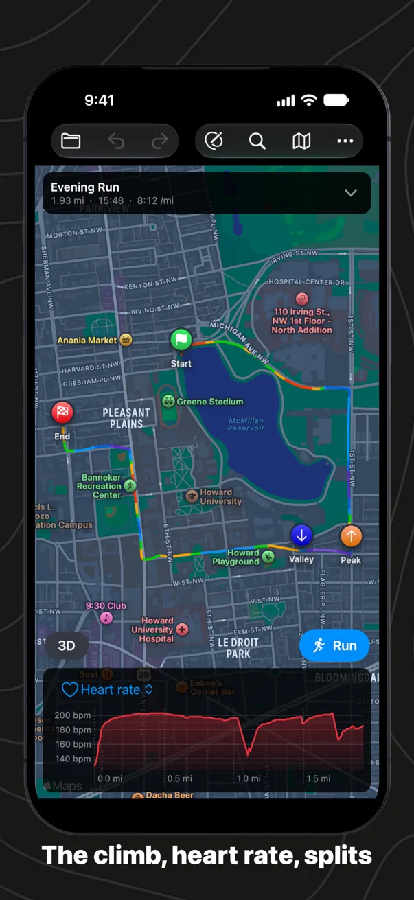 A run on iPhone with heart rate charted under the map