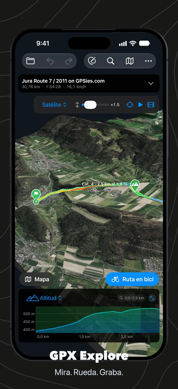 Una salida en 3D en el iPhone sobre las imágenes de satélite de Apple: el track con los colores de su pendiente sobre las colinas, una subida marcada con su categoría en la cima y el perfil de altitud debajo