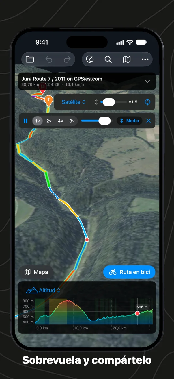 «Sobrevolar la ruta» en el iPhone: la cámara va justo detrás del ciclista sobre las colinas en 3D, con el ritmo, la barra de avance y la subida en la que está