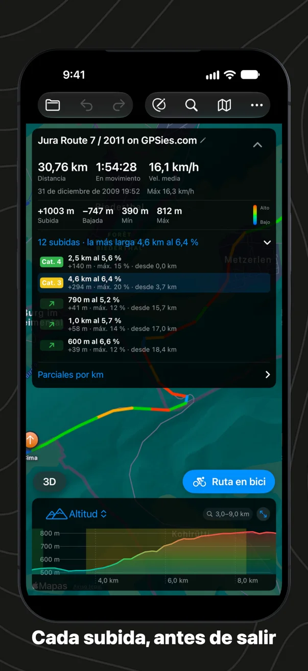 La ficha de ruta en el iPhone con cada subida, la más larga de categoría 3, sombreada en el gráfico de altitud