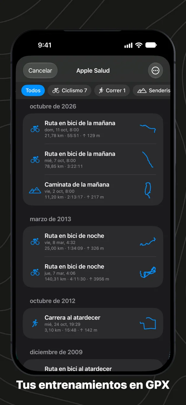 Entrenamientos de Apple Salud en GPX Explore en el iPhone, por mes, con el contorno de cada ruta
