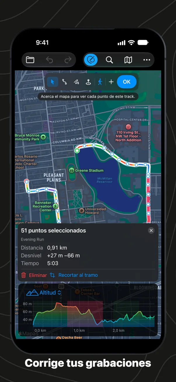 Corrigiendo una grabación en el iPhone: un tramo seleccionado, listo para eliminar o recortar