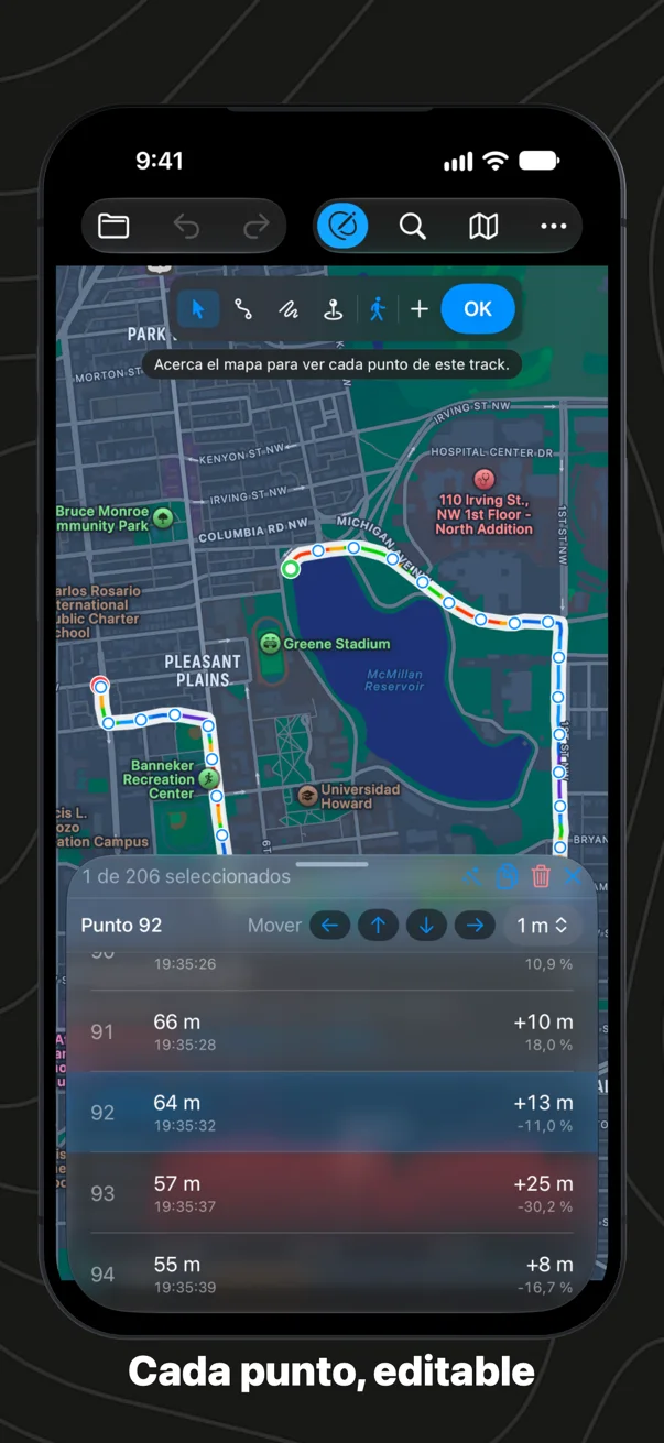 La tabla de puntos de una carrera en el iPhone, cada uno con su altitud, su hora, la distancia desde el anterior y su pendiente