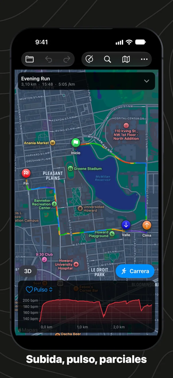 Una carrera en el iPhone con el pulso en la gráfica bajo el mapa