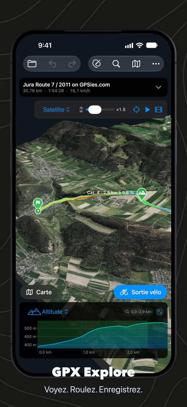 Une sortie en 3D sur iPhone sur les images satellite d’Apple : la trace aux couleurs de sa pente sur les collines, une montée marquée de sa catégorie au sommet, et le profil d’altitude en dessous