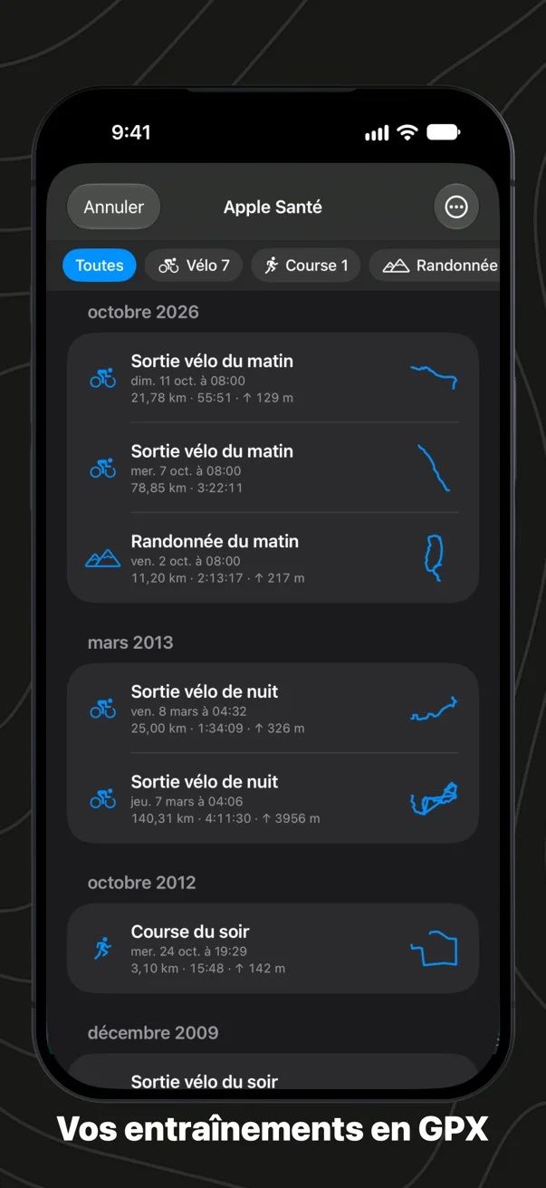 Les entraînements d’Apple Santé dans GPX Explore sur iPhone, par mois, avec le contour de chaque tracé