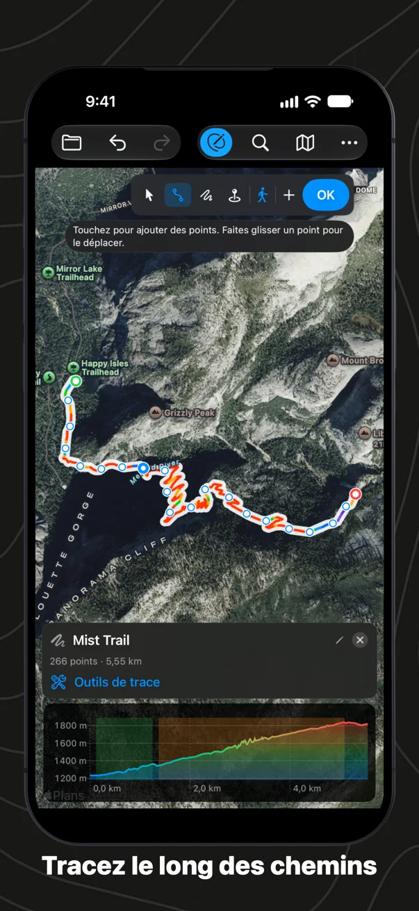 Le Mist Trail dessiné sur iPhone, l’itinéraire suivant les lacets du sentier