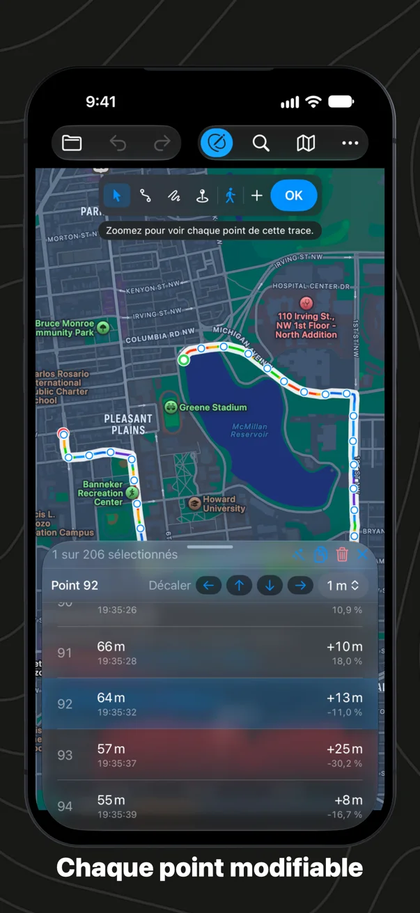 Chaque point d’une course dans un tableau sur iPhone, avec son altitude, son heure, l’écart avec le point précédent et sa pente