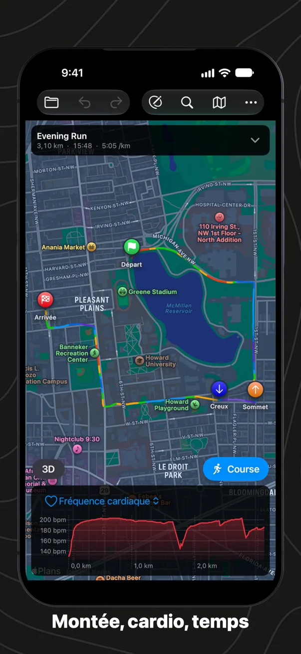 Une course sur iPhone, la fréquence cardiaque tracée sous la carte