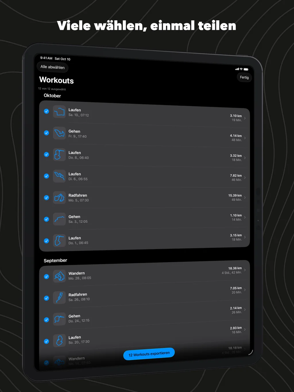 WorkoutGPX auf dem iPad: alle Workouts abgehakt, bereit zum Export in einem Rutsch