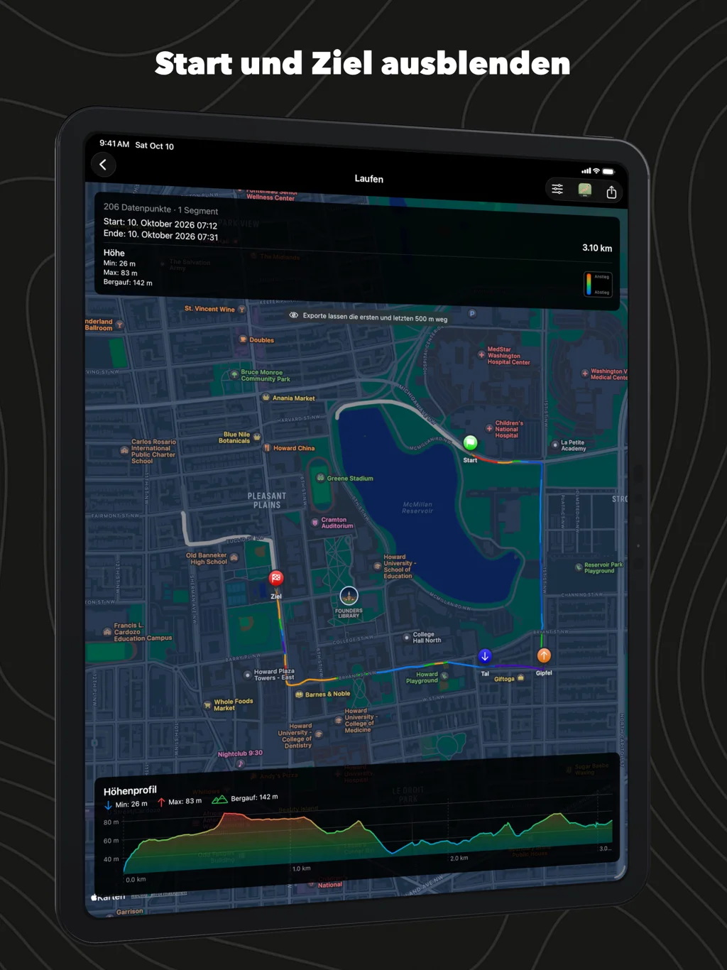 WorkoutGPX auf dem iPad: ein Lauf, das erste und letzte Stück grau, aus den Exporten weggelassen