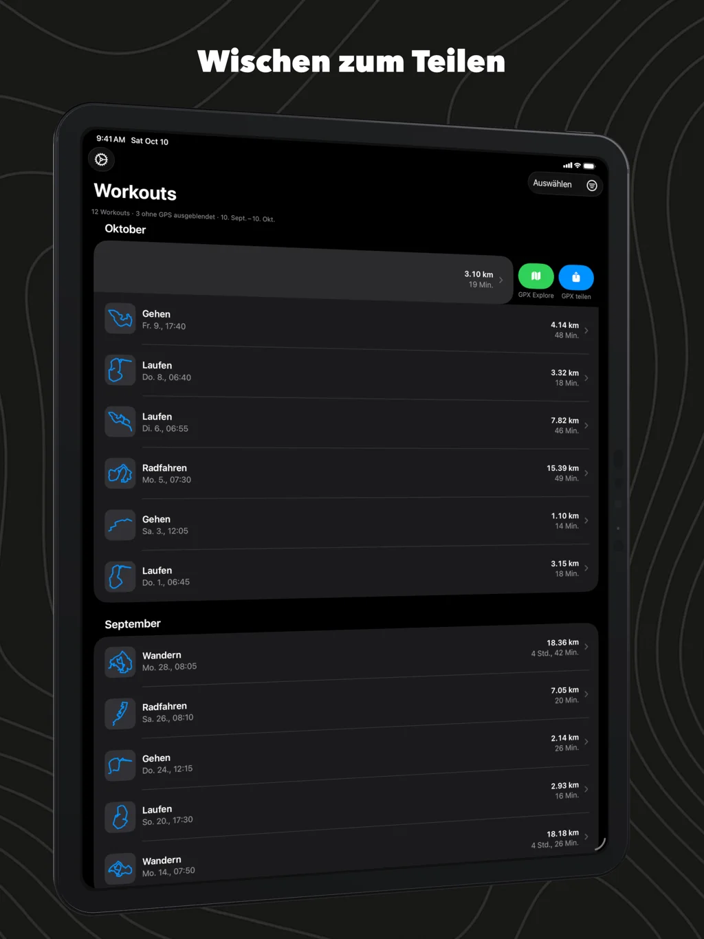 WorkoutGPX auf dem iPad: ein zur Seite gewischtes Workout mit den Knöpfen GPX Explore und GPX teilen