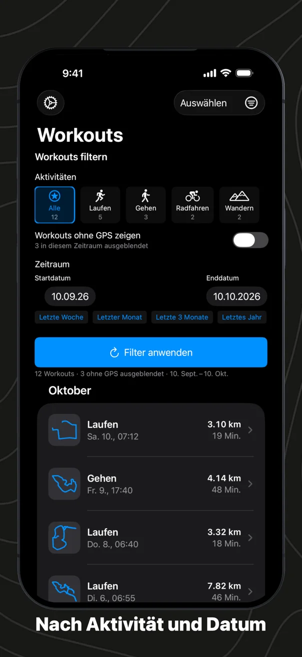 Nach Aktivität und Datum: Aktivitäten mit Anzahl, ein Schalter für Workouts ohne GPS und ein Zeitraum mit Schnellauswahlen