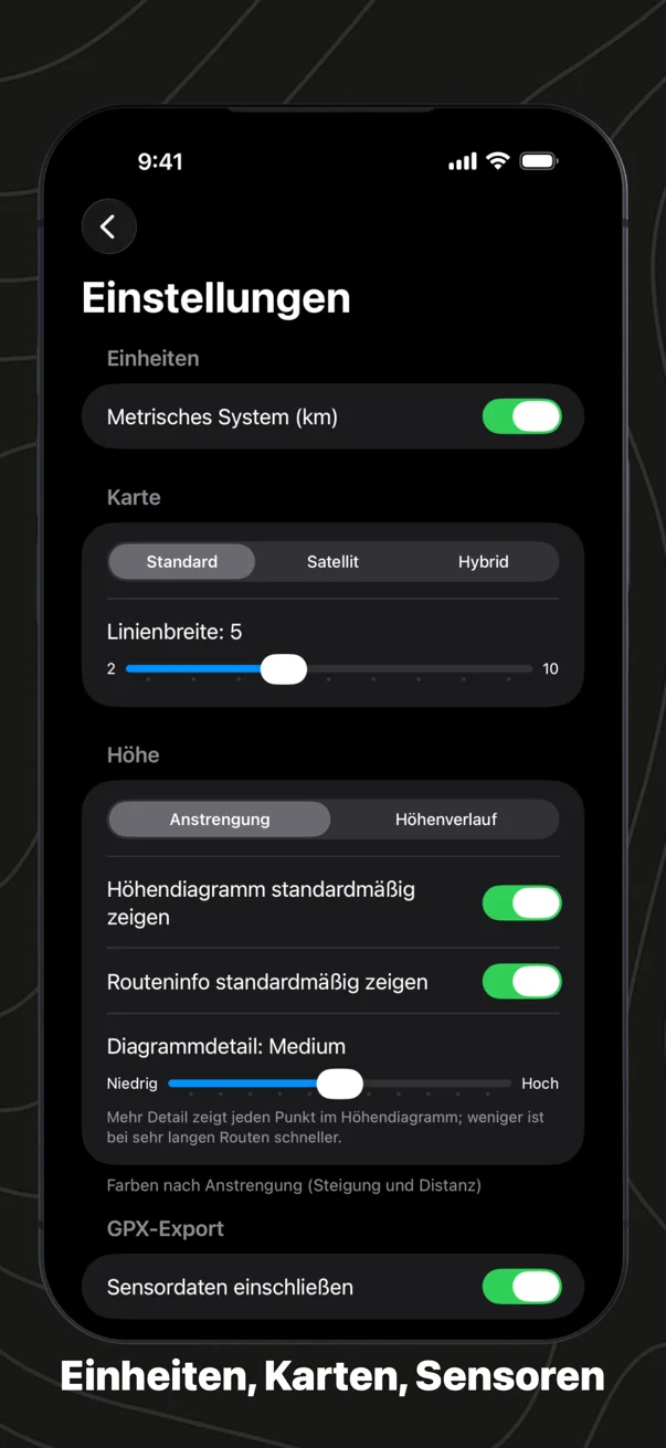 Einheiten, Karten, Sensoren: die Einstellungen mit metrischem System, Kartenstil, Linienbreite, Routenfärbung und Sensordaten im Export