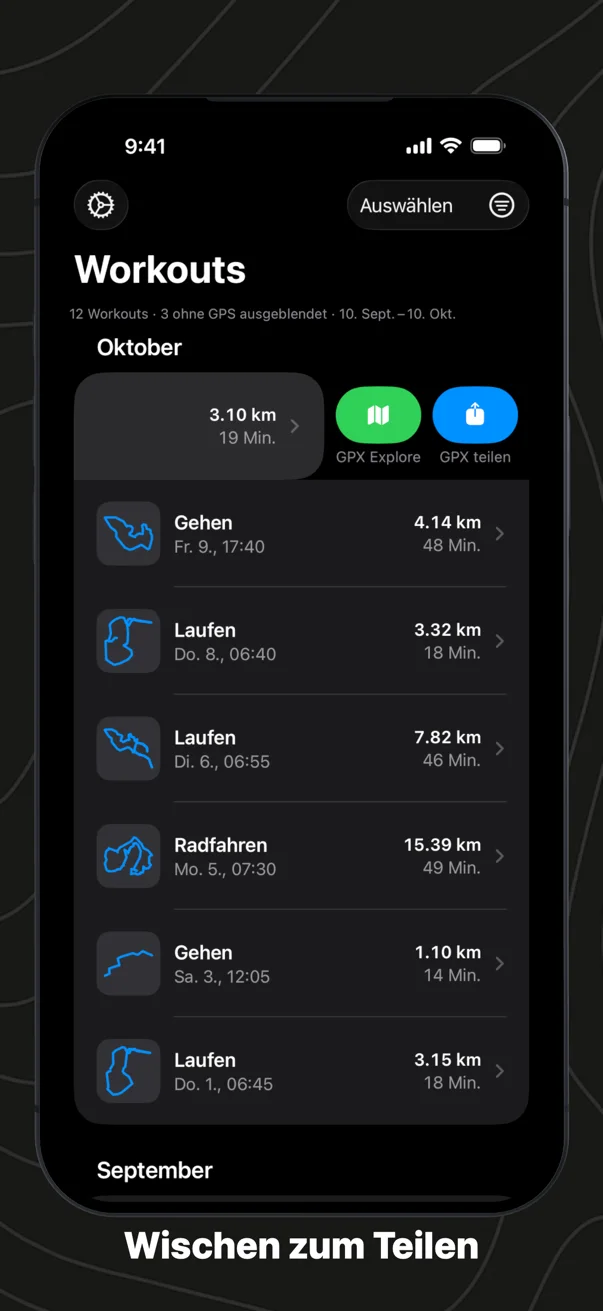 Wischen zum Teilen: ein zur Seite gewischter Lauf in der Liste, mit den Knöpfen GPX Explore und GPX teilen