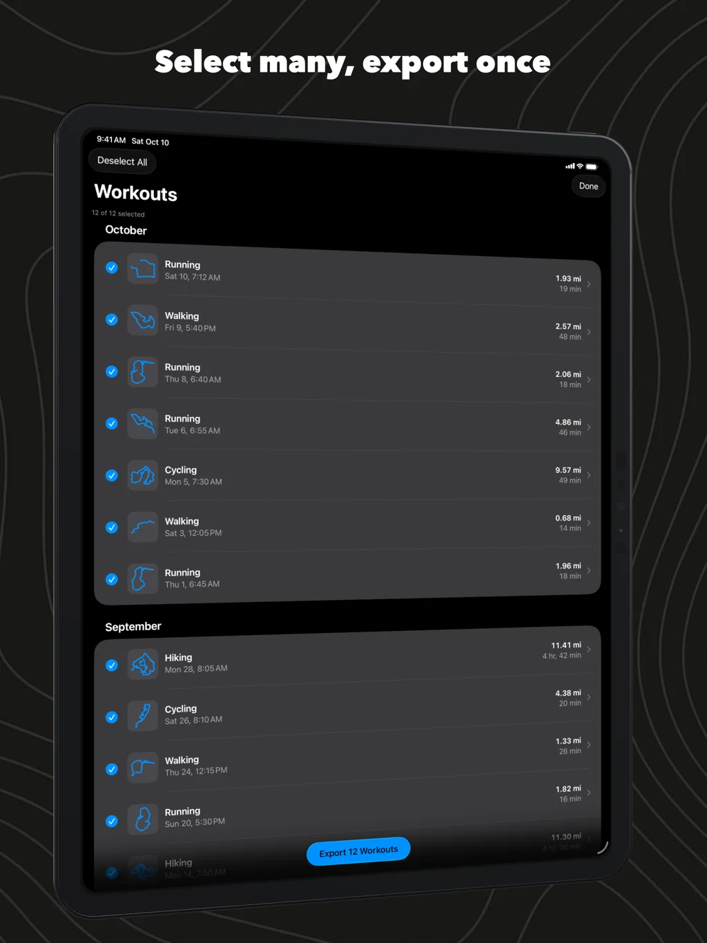 WorkoutGPX on iPad: every workout ticked, ready to export in one go