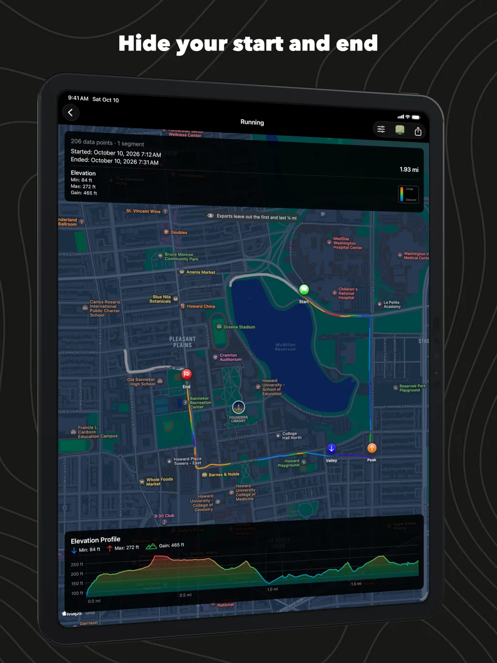 WorkoutGPX on iPad: a run with its first and last stretch in gray, left out of exports