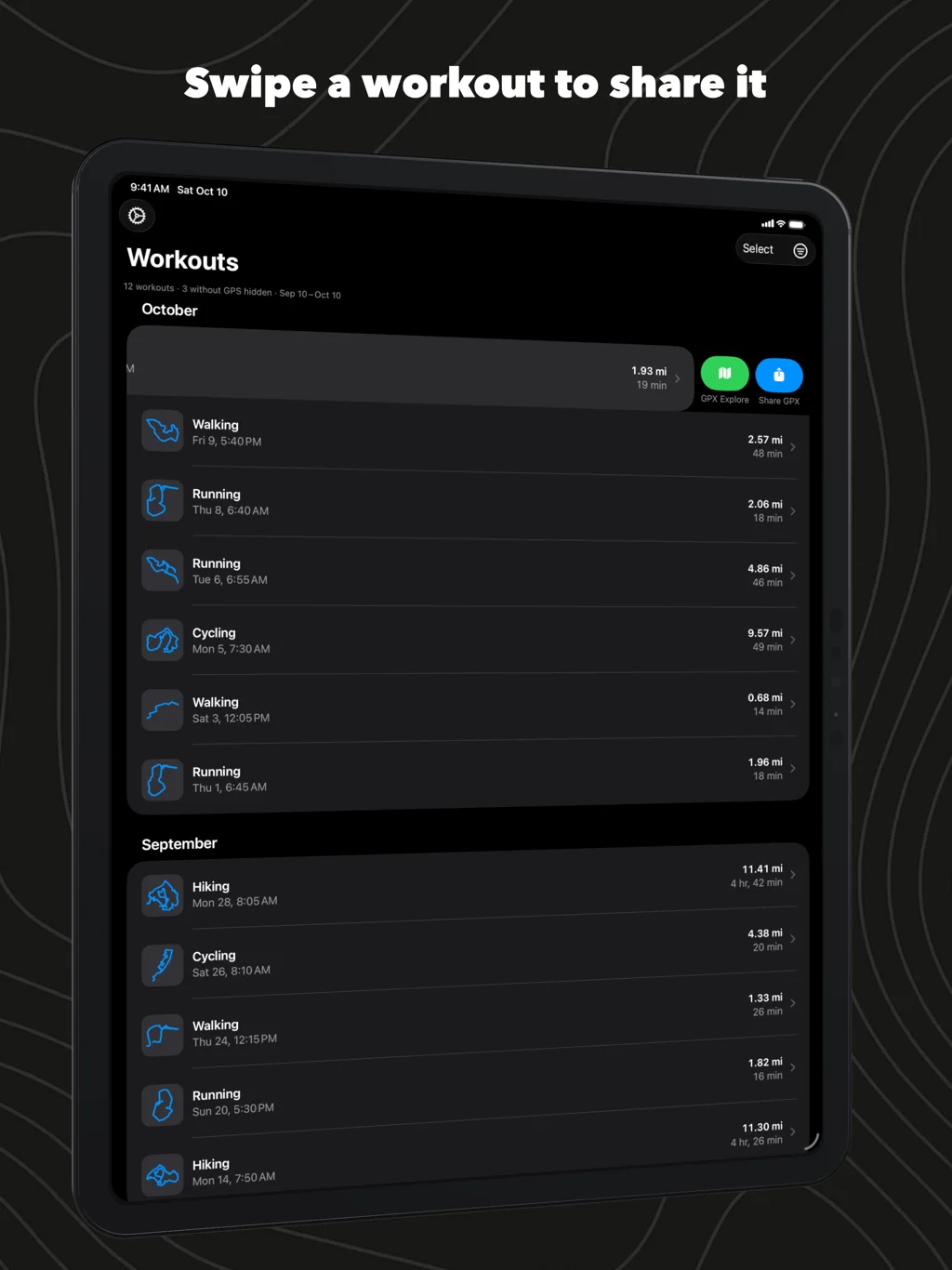 WorkoutGPX on iPad: a workout swiped aside, with GPX Explore and Share GPX buttons