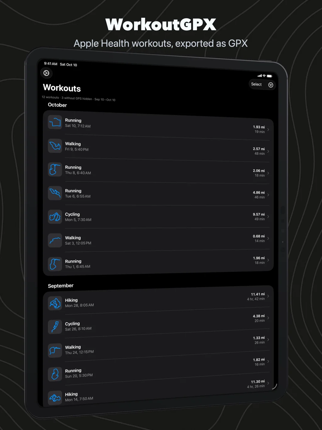 WorkoutGPX on iPad: the Workouts list grouped by month, each workout with the outline of its route